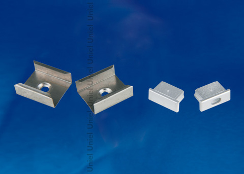 UFE-N02 SILVER A POLYBAG Набор аксессуаров для алюминиевого профиля. Крепежные скобы (4 шт., сталь) и заглушки (4 шт., пластик). Цвет серебро. ТМ Uniel.