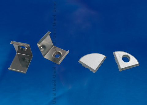UFE-N06 SILVER A POLYBAG Набор аксессуаров для алюминиевого профиля. Крепежные скобы (4 шт., сталь) и заглушки (4 шт., пластик). Цвет серебро. ТМ Uniel.
