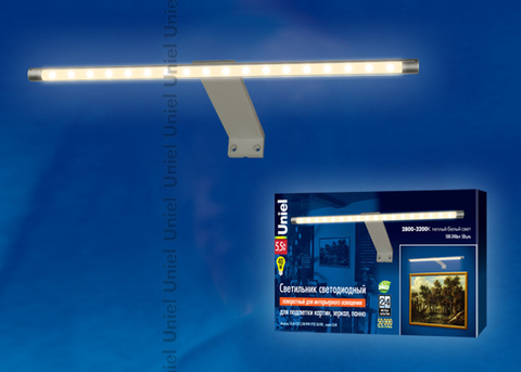 ULM-F32-5,5W/WW IP20 SILVER Светильник светодиодный поворотный для интерьерного освещения. В комплекте с адаптером. Длина 32,5 см. Материал корпуса алюминий, цвет серебро. Теплый белый свет. Упаковка-картонная коробка.