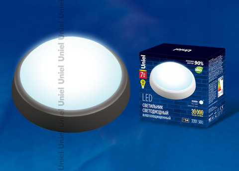 ULW-R02-7W/DW IP54 BLACK Круг. Светильник светодиодный влагозащищенный (пластиковый корпус). 7Вт, 510 Лм, 5500K (дневной свет), IP54, 220В. Цвет корпуса - черный. Упаковка коробка