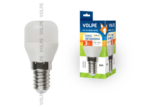 LED-Y27-3W/WW/E14/FR/Z  Лампа светодиодная для холодильников. TM Volpe. Матовая колба. Материал корпуса пластик. Цвет свечения теплый белый. Упаковка картон.