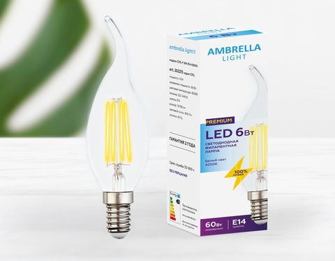 Светодиодная лампа Filament LED C37L-F 6W E14 4200K (60W)