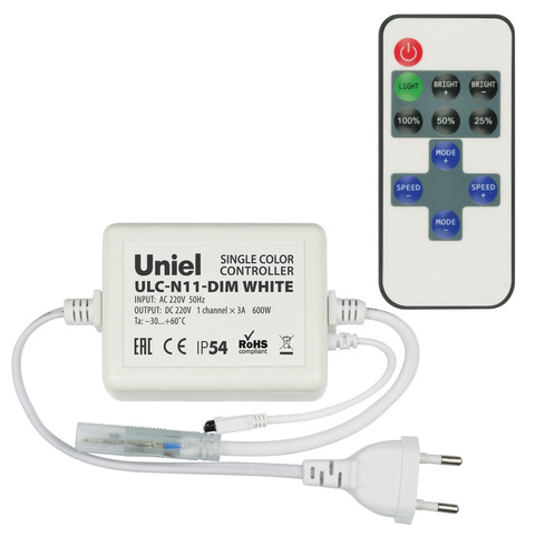ULC-N11-DIM WHITE Контроллер для управления светодиодными одноцветными ULS-2835 лентами 220В, 1 выход, 600Вт, с пультом ДУ ИК. ТМ Uniel.