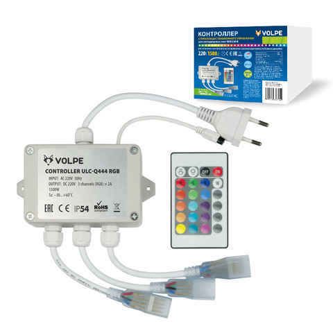 ULC-Q444 RGB WHITE Контроллер для управления светодиодными RGB ULS-5050 лентами 220В, 3 выхода, 1440Вт, с пультом ДУ ИК. ТМ Volpe.