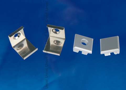 UFE-N05 SILVER A POLYBAG Набор аксессуаров для алюминиевого профиля. Крепежные скобы (4 шт., сталь) и заглушки (4 шт., пластик). Цвет серебро. ТМ Uniel.