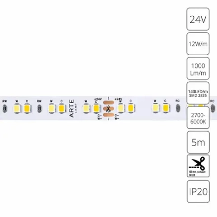 Светодиодная лента 24V 12W/m mix 2700-6000К 5м Arte Lamp TAPE A2414010-01-mix, LED