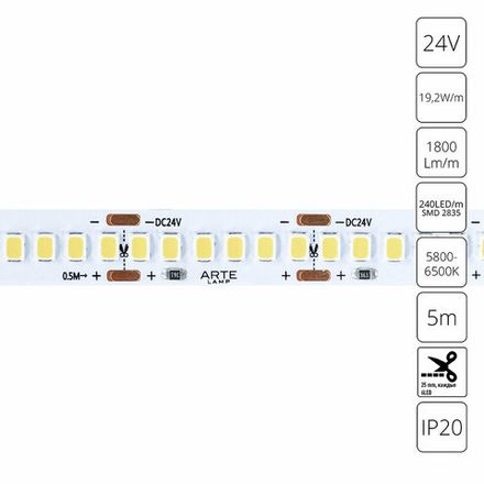 Светодиодная лента 24V 19,2W/m 6000К 5м Arte Lamp TAPE A2424010-03-6K, LED