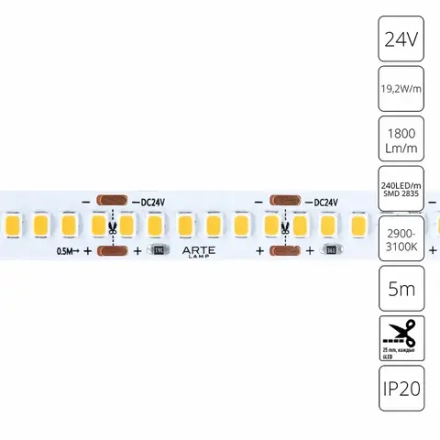 Светодиодная лента 24V 19,2W/m 3000К 5м Arte Lamp TAPE A2424010-01-3K, LED