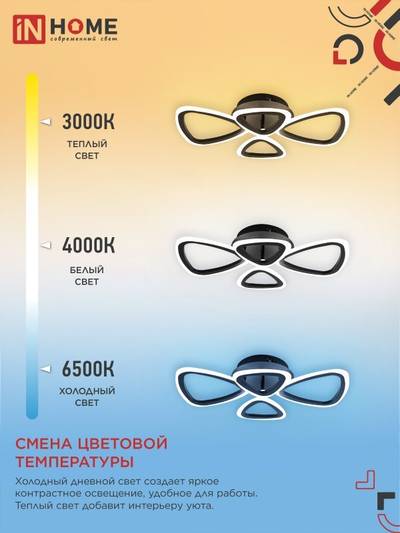 Светильник светодиодный ELEGANT SANSA-B 60Вт 3000-6500К 4700лм 230В 600х400х75мм с пультом ДУ черн. IN HOME 4690612043333