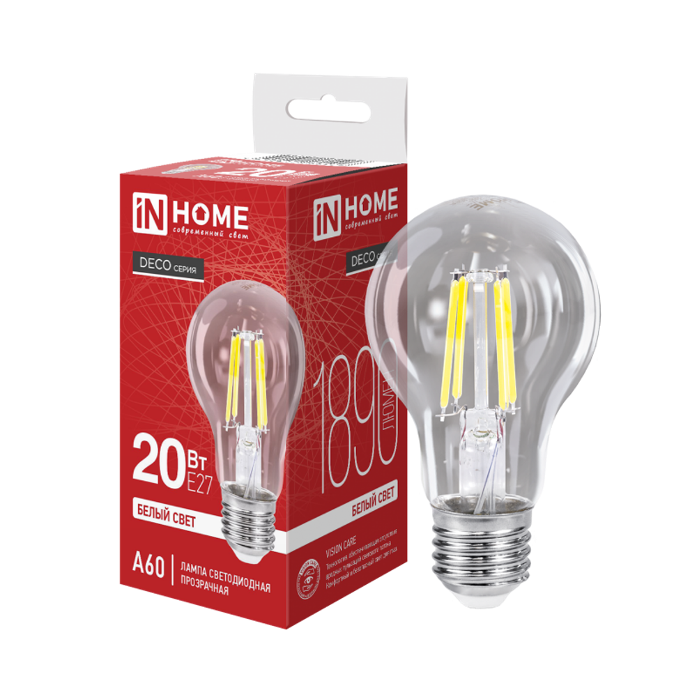 Лампа светодиодная филаментная LED-A60-deco грушевидная прозрачная 20Вт 230В E27 4000К 1890лм IN HOME 4690612055923