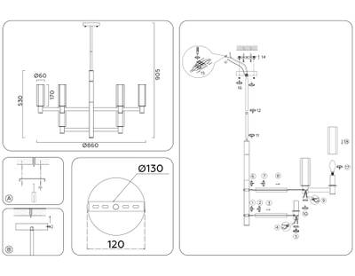 Светильник на штанге LH55515/12 BK/BS/CL черный/латунь/прозрачный E14*12 max 40W D860*905