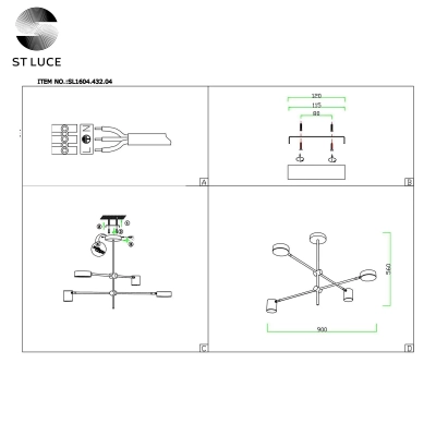SL1604.432.04 Светильник потолочный ST-Luce Черный, Латунь/Черный LED 4*5W 3000K