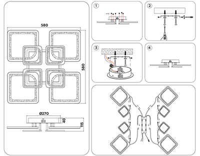 Светильник потолочный светодиодный с пультом FA4424/4+4 BK черный 150W 3000K+6400K/4200K/6400K+3000K 580*580*120 (ПДУ ИК)