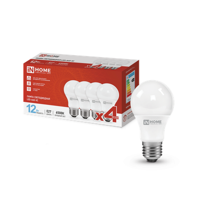 Лампа светодиодная LED-A60-VC 4PACK 12Вт 230В E27 6500К 1140лм (уп.4шт) IN HOME 4690612047676