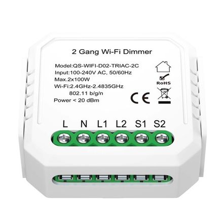 ST9000.500.02CDIM WIFI диммируемое реле 2 канала Белый - -*Max 2x100W - Ra  IP20 L46xW46xH18 230V