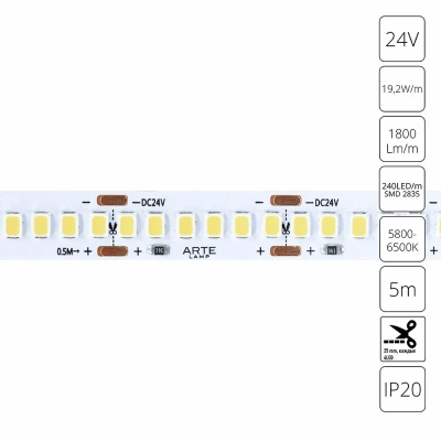 Светодиодная лента 24V 19,2W/m 6000К 5м Arte Lamp TAPE A2424010-03-6K, LED