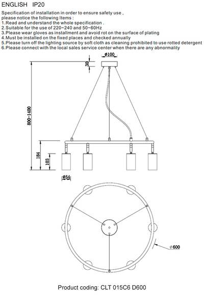 Светильник подвесной Crystal Lux CLT 015C6 D600 BL-GO 1400/250