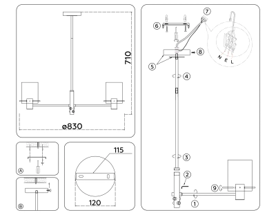Светильник подвесной LH57033/8 BS/SM латунь/дымчатый E14/8 max 40W D830*710