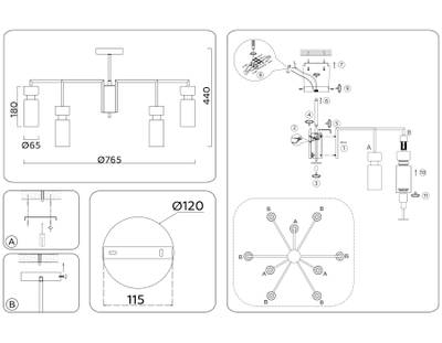 Светильник на штанге LH56128/9 BS/FR латунь/белый матовый E14*9 max 40W D765*440