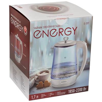 Чайник Energy E-207 (1,7 л), стекло, пластик, цвет белый