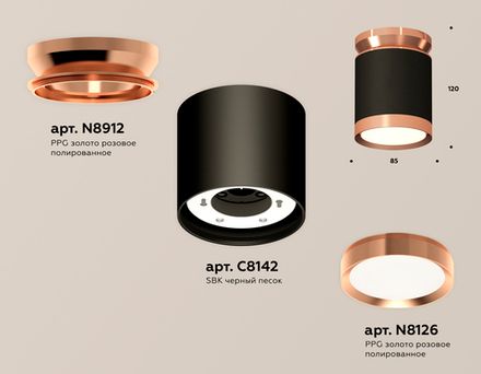 Комплект накладного светильника XS8142035 SBK/PPG черный песок/золото розовое полированное GX53 (N8912, C8142, N8126)