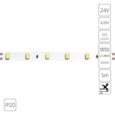 Светодиодная лента 24V 4,8W/m 6000К 5м IP20 Arte Lamp TAPE A2406008-03-6K, LED