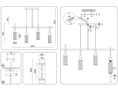 Светильник подвесной LH55254/4 BK/BS/CL черный/латунь/прозрачный E14*4 max 40W 845*65*1150