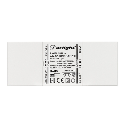 Блок питания ARV-SP-24012-FLAT-PFC (24V, 0.5A, 12W) (Arlight, IP20 Пластик, 5 лет)