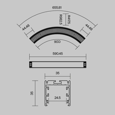 Радиусный профиль 35x35 D800мм 1/4 круга черный, ALM-3535R-B-D-90°-0.8M. TM Maytoni