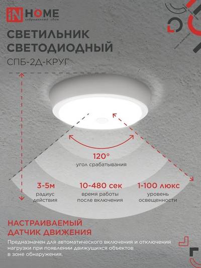 Светильник светодиодный СПБ-2Д-КРУГ 20Вт 4000К 1400лм 230В 250мм с датчиком бел. IN HOME 4690612020709