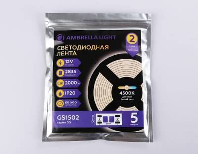 Светодиодная лента GS1502 2835 240Led/ 19.2W m/ 12V IP20 4500K/ 5000*10*1.2mm/ кратность резки 25mm (2 конт.)