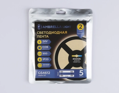 Светодиодная лента GS4612 COB 400Led/10W m/ 24V IP20 4500K/ 5m*5mm*2.1mm кратность резки 20mm (2 конт.)