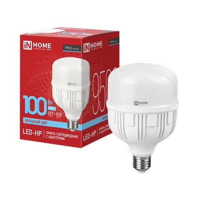 Лампа светодиодная LED-HP-PRO 100Вт грушевидная 6500К холод. бел. E27 9500лм 150-275В с адаптером E40 бел. IN HOME 4690612035697
