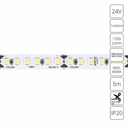 Светодиодная лента 24V 14,4W/m 6000К 5м Arte Lamp TAPE A2418008-03-6K, LED