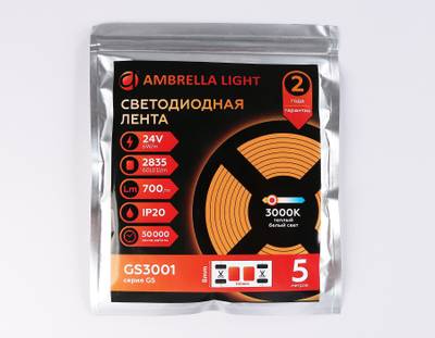 Светодиодная лента GS3001 2835 60Led/ 6W m/ 24V IP20 3000K/ 5000*8*1.2mm/ кратность резки 100mm (2 конт.)
