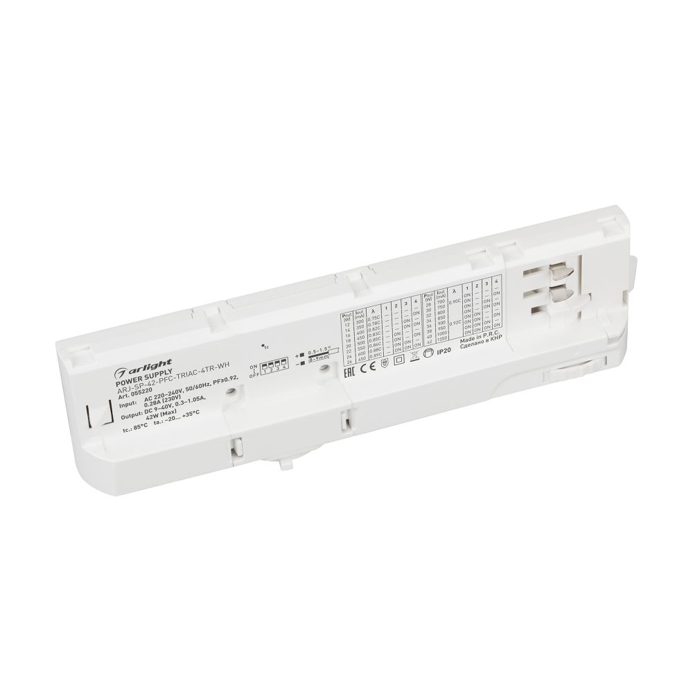 Блок питания для трековых систем ARJ-SP-42-PFC-TRIAC-4TR-WH (42W, 9-40V, 0.3-1.05A) (Arlight, IP20 Пластик, 5 лет)