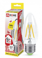 Лампа светодиодная LED-СВЕЧА-deco 5Вт свеча прозрачная 3000К тепл. бел. E27 450лм 230В IN HOME 4690612007588