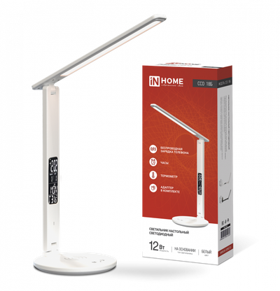 Светильник светодиодный настольный ССО 18Б 12Вт 3-6.5К 600лм сенсор-диммер часы темп. беспроводн. зарядка с адаптером бел. IN HOME 4690612041056
