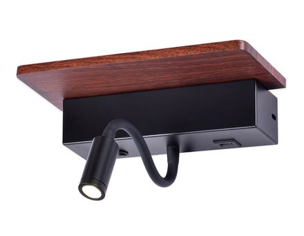 Настенный светодиодный светильник с выключателем, USB портом и полкой FW291 BK/DW черный/темное дерево LED 4200K+3000K 6W+1W 265*110*130