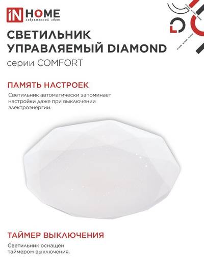 Светильник светодиодный COMFORT DIAMOND 55Вт 3000-6500К 4400лм 230В 330х80мм с пультом ДУ IN HOME 4690612035048