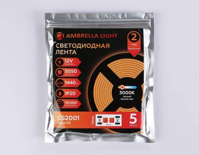 Светодиодная лента GS2001 5050 60Led/ 14.4W m/ 12V IP20 3000K/ 5000*10*1.87mm/ кратность резки 50mm (2 конт.)