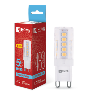 Лампа светодиодная LED-JCD 5Вт капсульная прозрачная 6500К холод. бел. G9 480лм 230В IN HOME 4690612036342