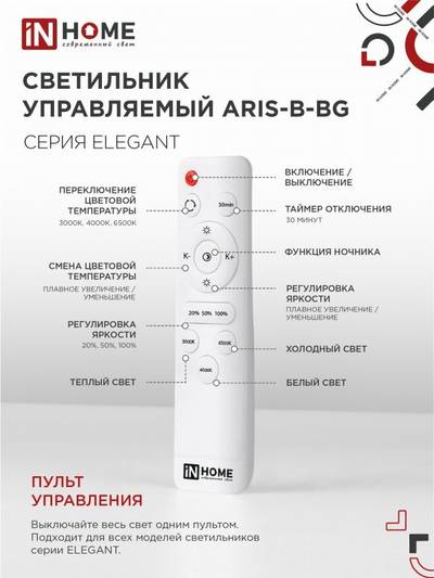 Светильник светодиодный ELEGANT ARIS-B-BG 120Вт 3000-6500К 8400лм 230В 600х600х110мм ПУ черн. IN HOME 4690612043265
