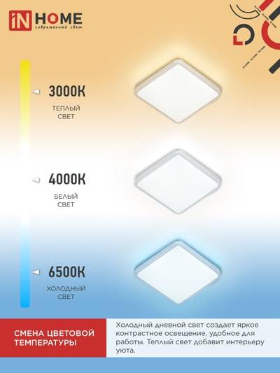 Светильник светодиодный COMFORT MYSTERY КВАДРАТ 125Вт 3000-6500К 10000лм 230В 550х80мм с пультом ДУ IN HOME 4690612059532