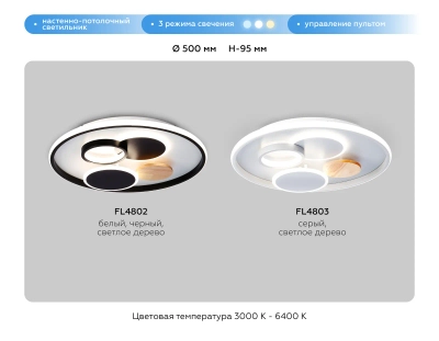 Настенно-потолочный светодиодный светильник с пультом FL4803 GR серый 3000-6400K 70W D500*95 (ПДУ ИК)