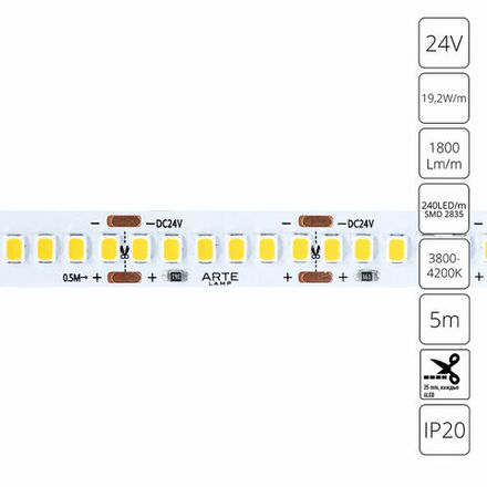 Светодиодная лента 24V 19,2W/m 4000К 5м Arte Lamp TAPE A2424010-02-4K, LED