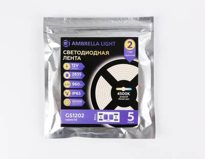 Светодиодная лента GS1202 2835 120Led/ 9.6W m/ 12V IP65 4500K/ 5000*8*2.27mm/ кратность резки 25mm (2 конт.)