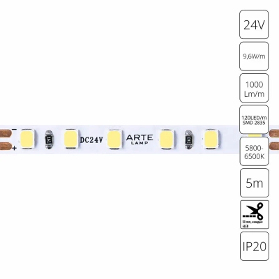 Светодиодная лента 24V 9,6W/m 6000К 5м Arte Lamp TAPE A2412005-03-6K, LED