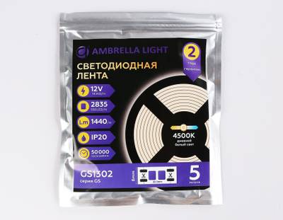 Светодиодная лента GS1312 2835 180Led/ 14.4W m/ 12V IP20 4500K/ 5000*10*1.2mm/ кратность резки 33mm (2 конт.)