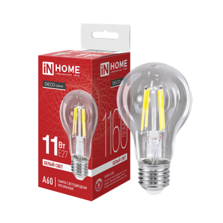 Лампа светодиодная LED-A60-deco 11Вт грушевидная прозрачная 4000К нейтр. бел. E27 1160лм 230В IN HOME 4690612026145